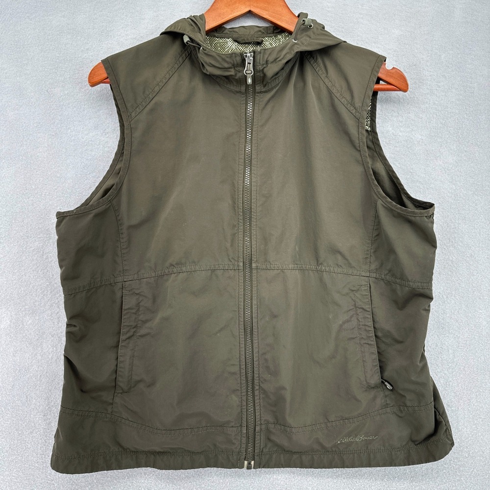 Y2K Eddie Bauer Womens Olive Green Brown Hooded Full Zip Lightweight Vest XL